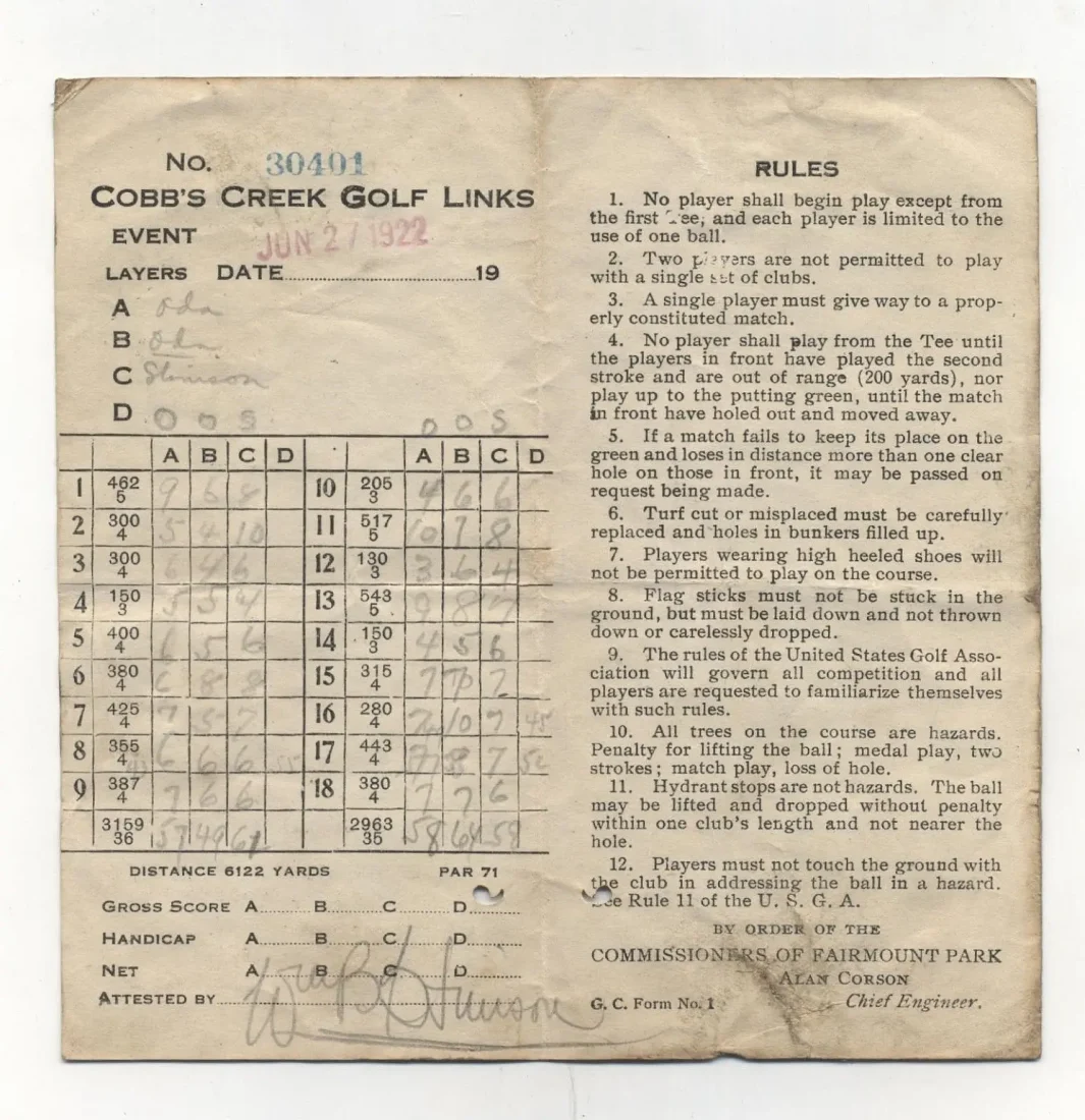 Cobbs Creek Golf Club Scorecard 1922